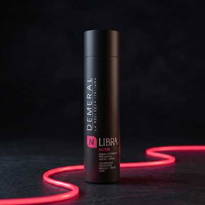 immagine prodotto Libra, flacone nero con elementi rossi. Poggia su sfondo nero con neon rossi